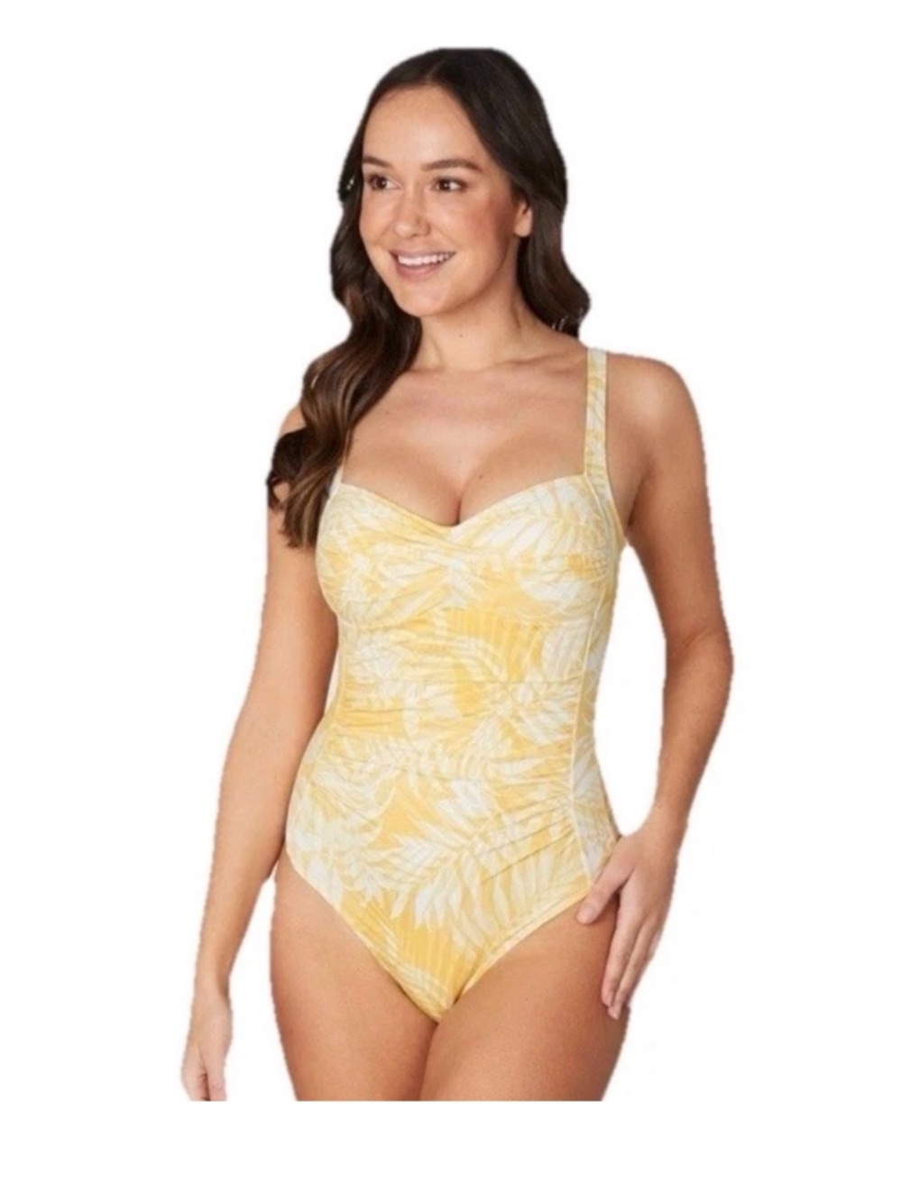 NipTuck Yellow Floral Tropical Ruched Women's One Piece Swimwear Sz 12